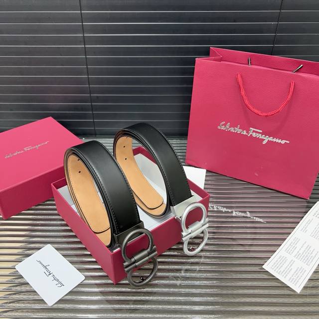 Ferragamo Steel Buckle Leather Belt Men's Classic Style Belt Multiple Colors Ava