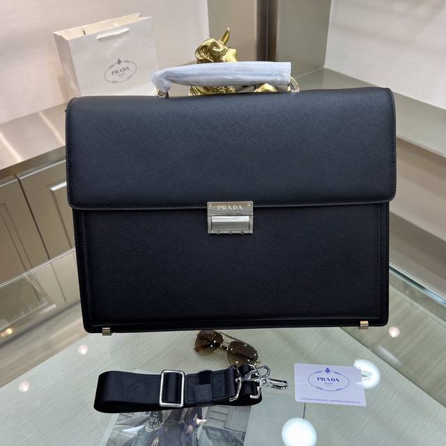 Prada New Men's Structured Briefcase, Crafted From Imported Cross-Grain Calfskin
