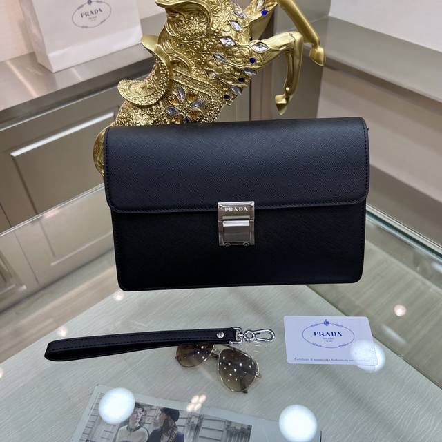 Prada New Men's Structured Handheld Bag, Crafted From Imported Cross-Grain Leath