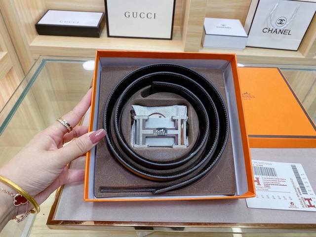 Herm S Authentic New Buckle Pair With Double-Sided Imported Leather Belt. The La