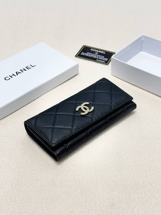 Color: Black, Size: 19 X 10 Cm, Small Chanel-Style Leather Wallet With Two Folds