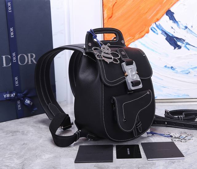 New Dior Saddle Double Shoulder Bag In Black Grained Calf Leather With Black Sti