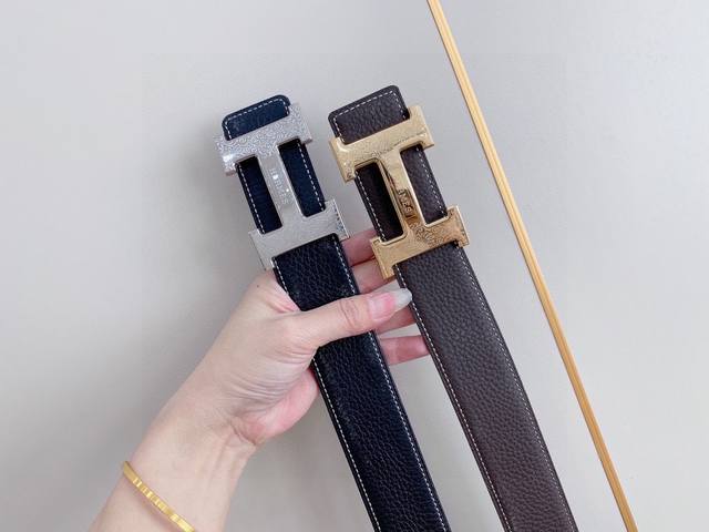 Herm S 3.8 Cm Wide Imported Original Togo Leather Belt With Metal Buckle, Hand-P