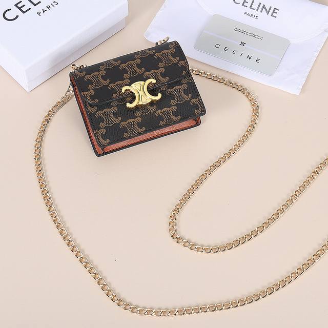 Celine New Chain Triomphe Business Card Case, Crossbody Style, Classic Patterned