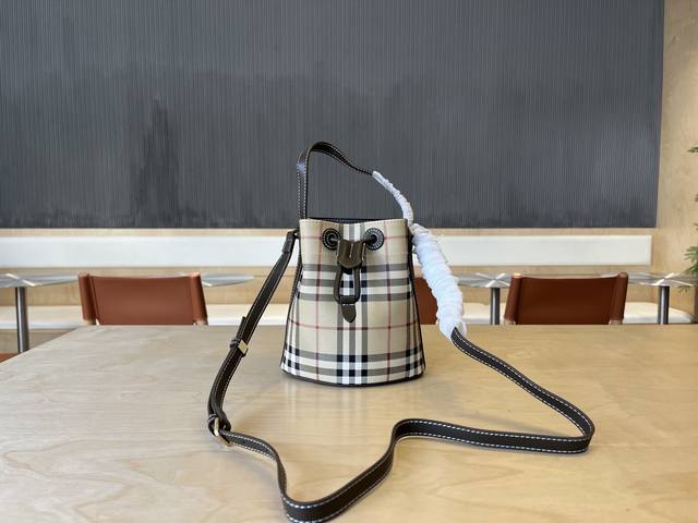 B Home Mini Drawstring Bucket Bag, Adorned With Burberry Check Pattern, Paired W