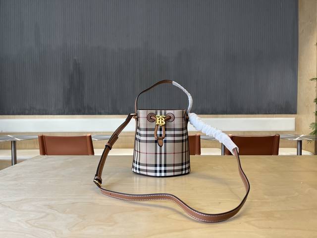 B Home Mini Drawstring Bucket Bag, Adorned With Burberry Check Pattern, Featurin
