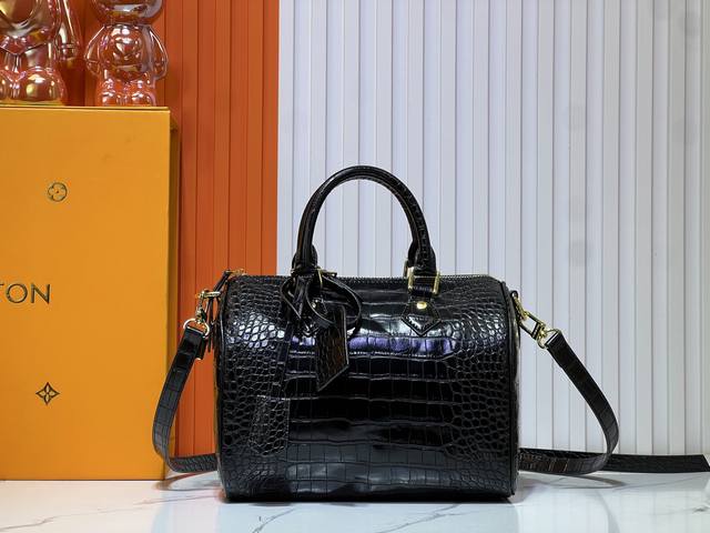 M89108 M24424 Black Crocodile-Patterned This Speedy Bandouli Re 25 Monogram Leat