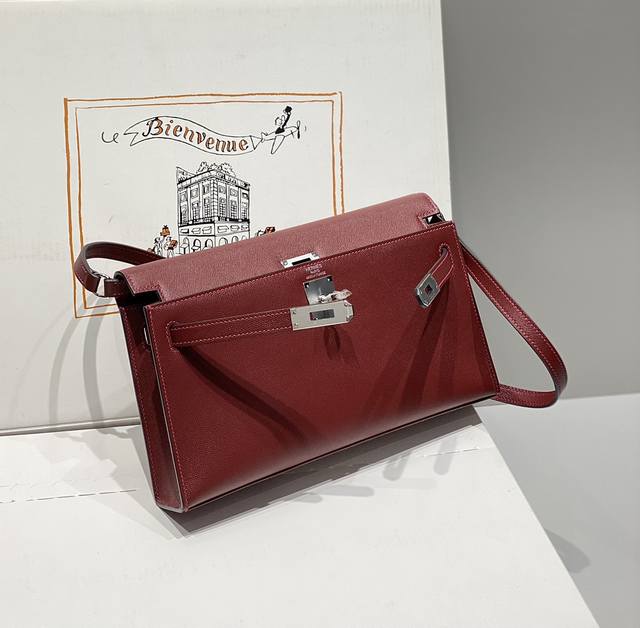 Authentic Kelly Elan Jujube Red Silver Imported Cowhide Leather Crosshatch Patte