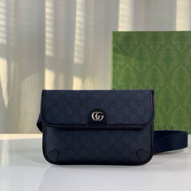 Genuine Leather Ophidia Series Gg Waist Bag, Blue And Black Gg Paired With Black