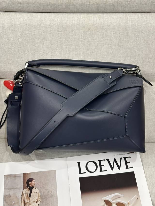 Genuine Leather Deep Blue Glossy Cowhide Leather Puzzle Handbag 8503 The Puzzle