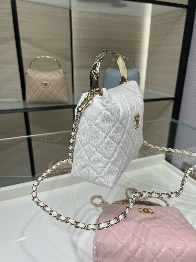Ohanel 25S New Handle Lunch Box Bag White Coco Crush Diamond Quilting Handle Sof