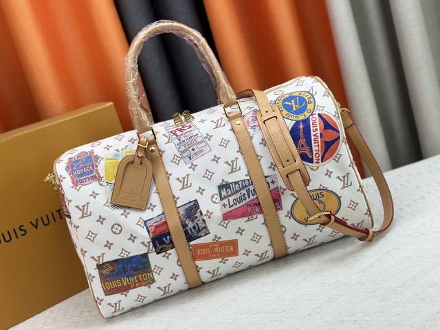 M14736 This Keepall Bandouliere 45 Travel Bag Features Monogram Dune Fabric Dyed