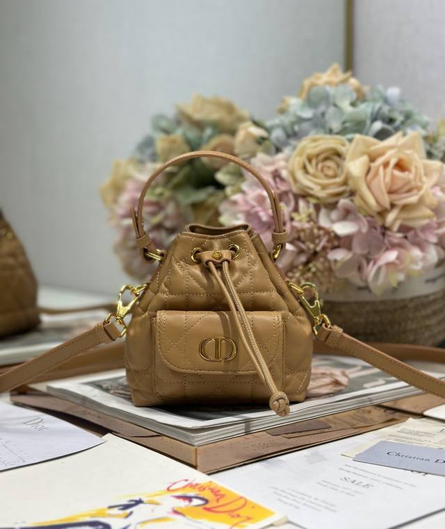 Premium Grade, High Version Mini Dior Caro Bucket Bag In Earth Yellow This Mini