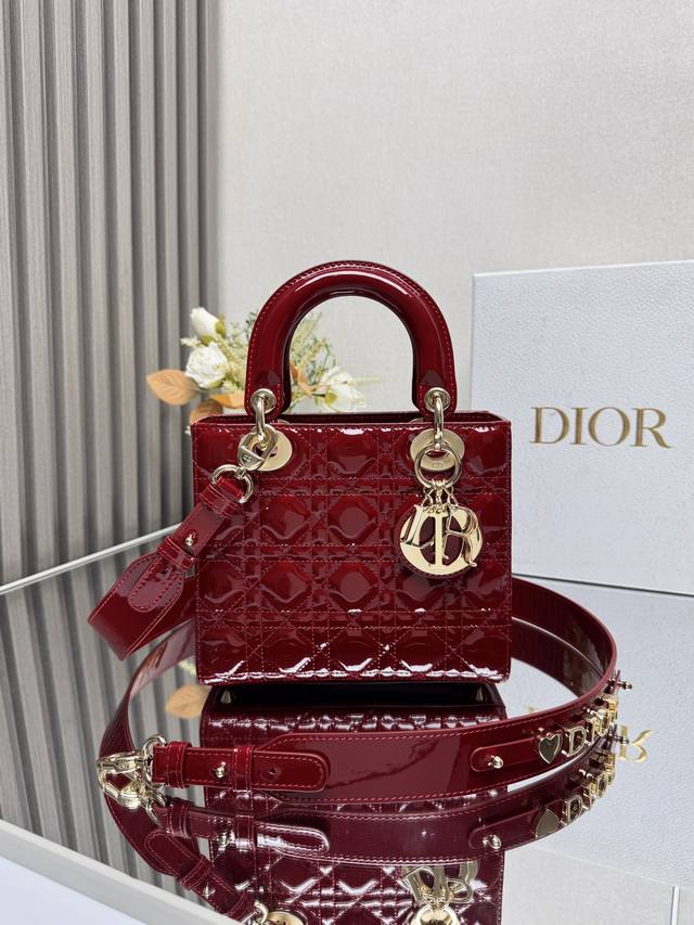 Premium Grade, High Version Lady Dio.R My Abc Cherry Red Lacquered Leather Four-