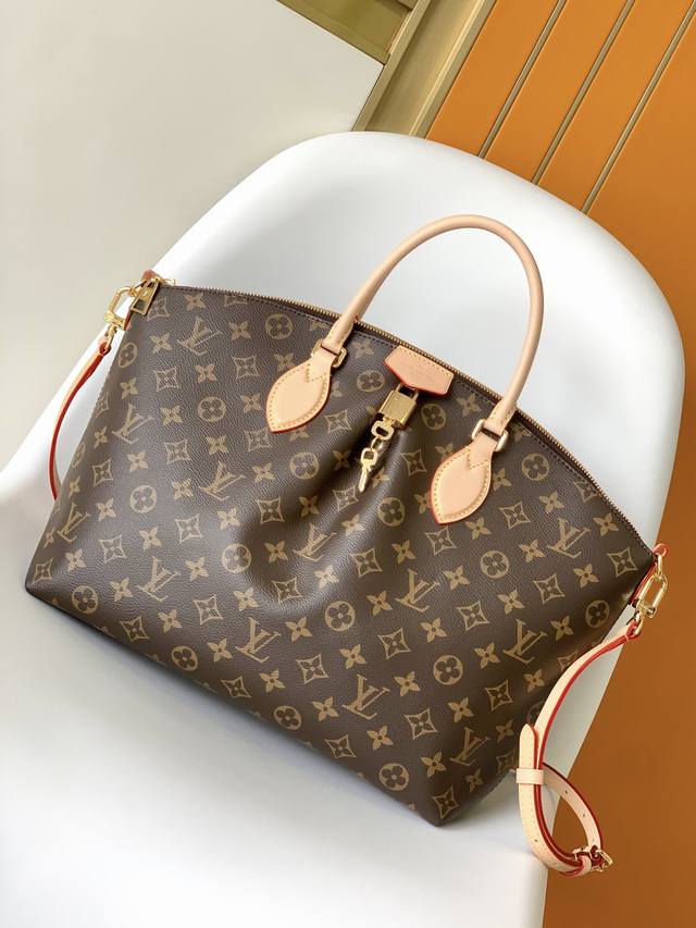 M45987 Bo Tie Medium Zipper Tote Bag Features Monogram Canvas And Leather Trim,