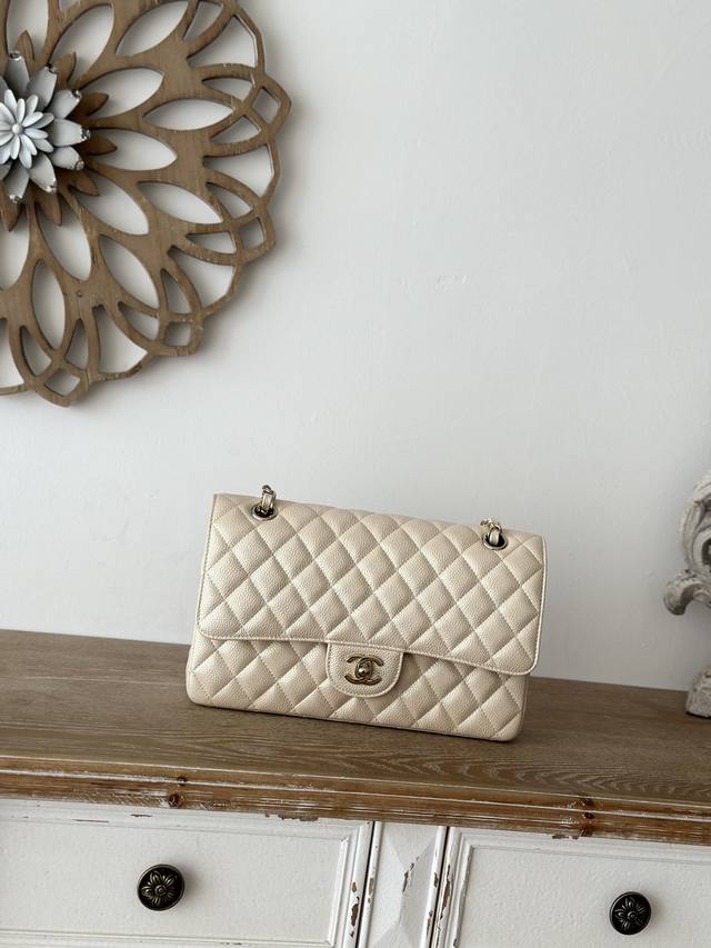 In Stock Chane New Pearlescent Apricot-Colored Cf Chain Flap Bag, Imported Cowhi