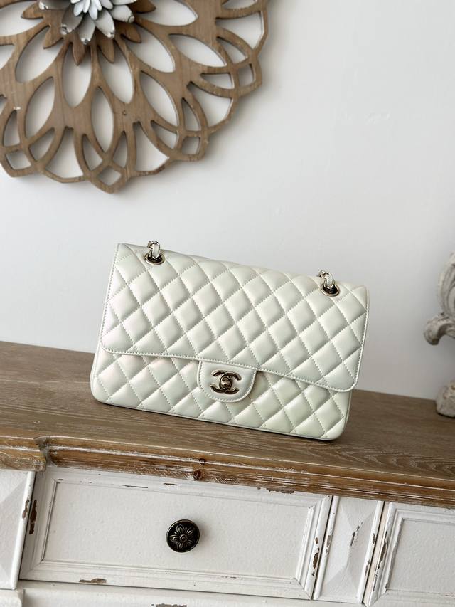 In Stock Chane Imported Lambskin, All-Metal Hardware, New Design: Pearlescent Wh