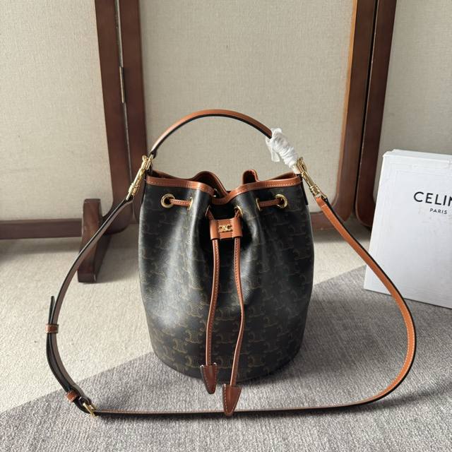 Celine New Arrival Classic Print Bucket Bag Clara Logo Print, Cowhide Leather Wi