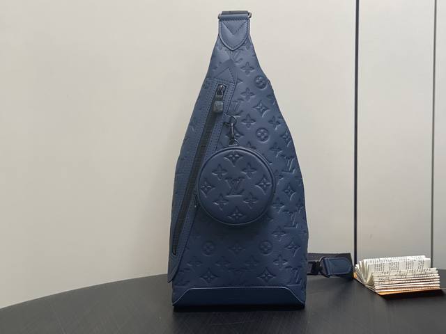 Authentic Premium M24467 Deep Blue Full-Leather Embossed Chest Bag Duo Shoulder