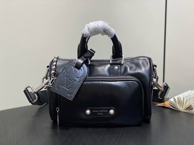 Authentic Premium M13988 Black Full-Leather Men's Pillow Bag Keepall Bandouli Re