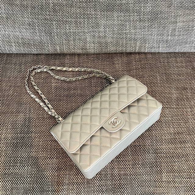 Chanel Silver Cowhide Fine Ball Pattern Silver Buckle Cf Flap Bag Dimensions: 25
