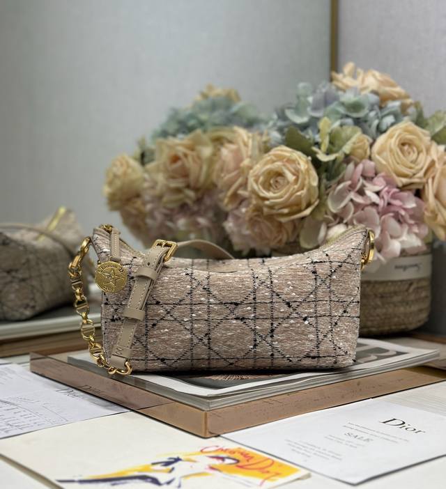 Top-Grade Authentic Diorstar Hobo Chain Handbag In Apricot-Colored Coarse Fabric