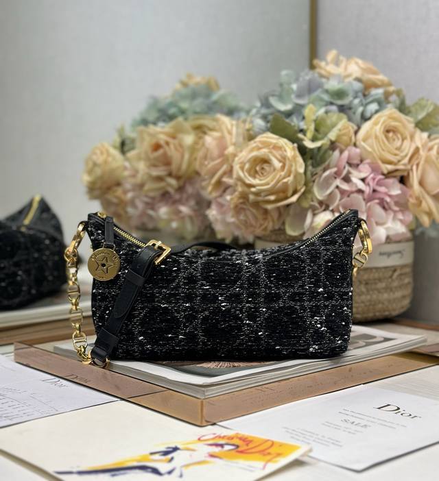 Top-Quality Authentic Diorstar Hobo Chain Handbag In Black Coarse Canvas. This D