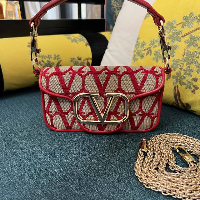 Model #5030S# Small V-Logo Loc Lambskin And Fabric Handbag, Adorned With A Metal