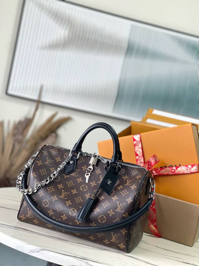 Top Original M12243 Speedy Soft 30 Dark Handbag With Monogram Black Leather Is A