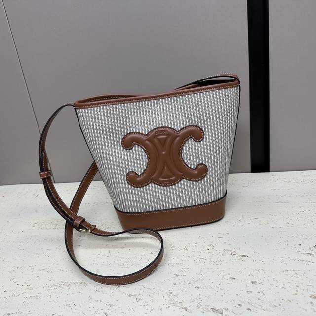cuir Triomphe Small Smooth Cowhide And Linen Bucket Bag Height 22 Bag Width 2