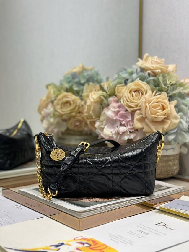 Authentic High Version Diorstarhobo Chain Handbag Black Waxed Leather This Diors