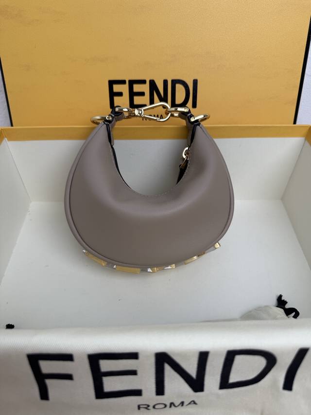 Genuine Gray Mini Fend1Praphy Underarm Bag Features A Crescent Shape With A Clas