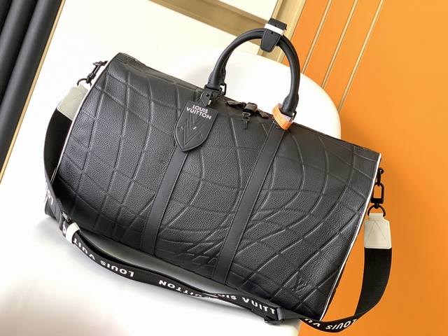 Top Original M21382 Black Full Leather Travel Bag Collection Keepall Band Oul I