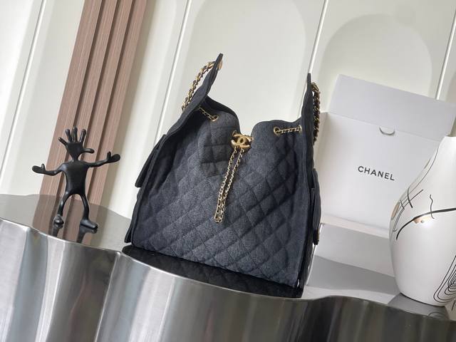 chanel 25C Hobo Deerskin Bag Washed Denim Vintage All-Steel Hardware Size 30*