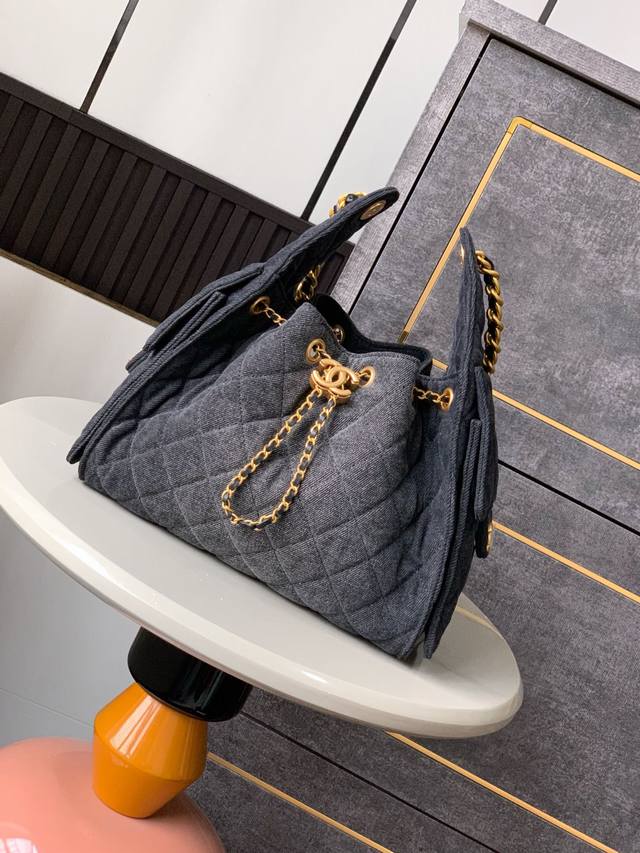 5293 New Dark Denim Hippie Open Drawstring Pocket With Gold Chain Embellishme