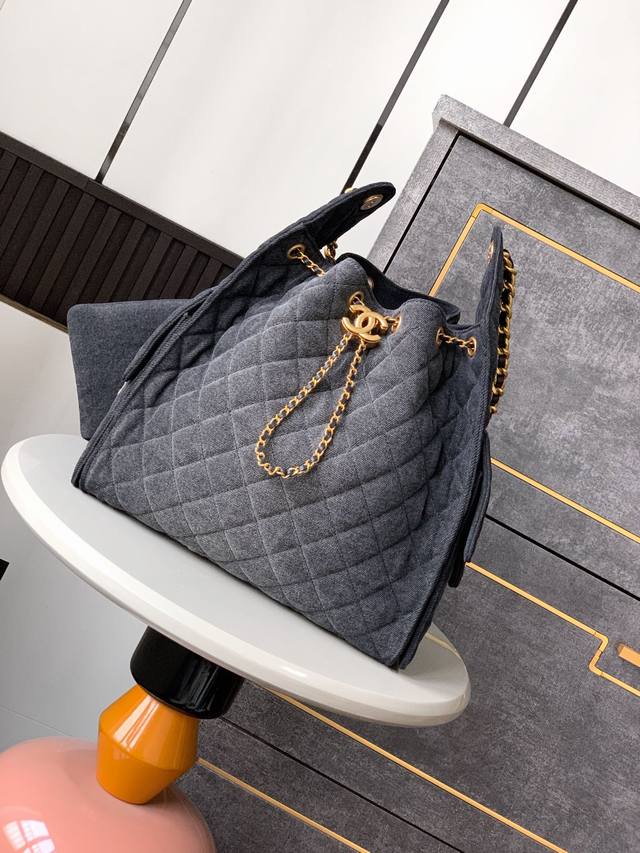 5311 New Dark Denim Hippie Open Drawstring Pocket With Gold Chain Embellishme