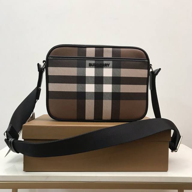 Exquisite Crossbody Bag Decorated With Bur Check And Smooth Leather Trims. Brand