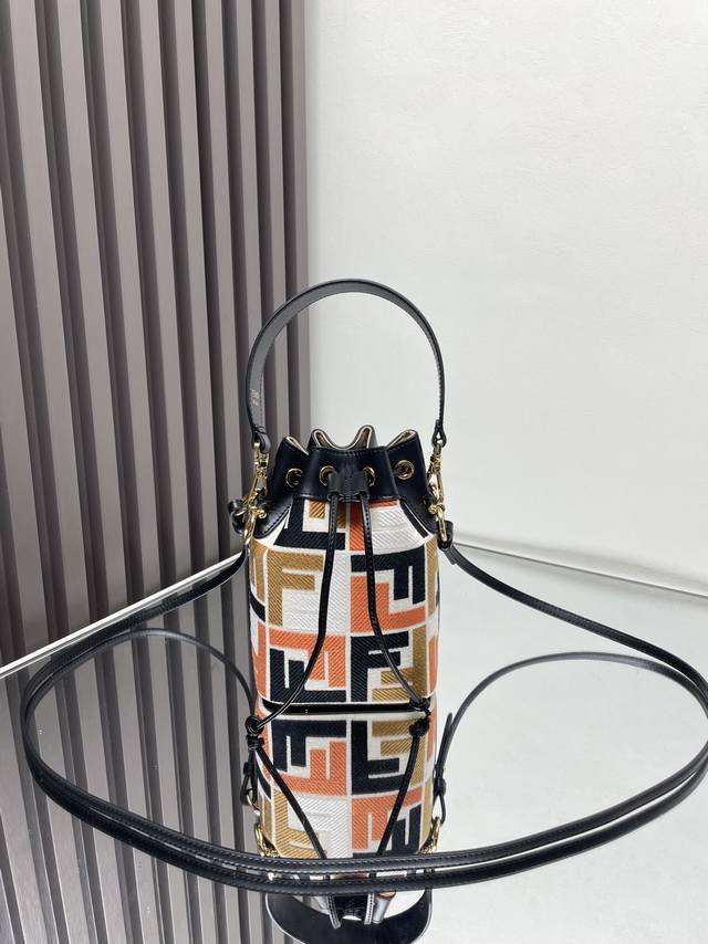 Mini Bucket Bag With Washed Denim Embroidery And Double F Logo. It Can Hold Five
