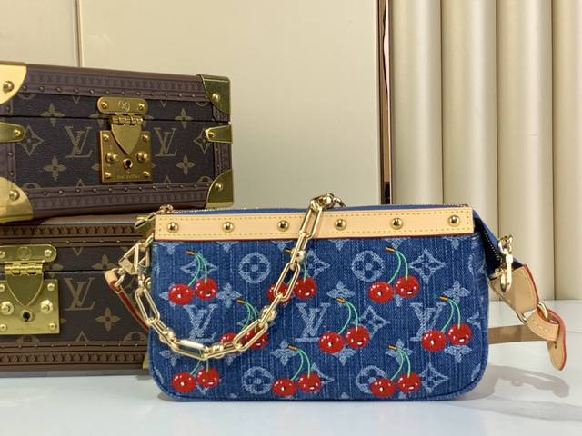 Top Original Pochette Accessoires Mahjong Bag Handbag M13994 Blue Denim Cherry P