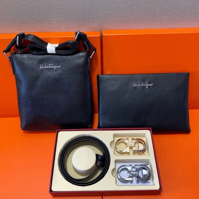 Ferragamo First-Layer Leather Combination Gift Box Packaging Belt Two Bags Super