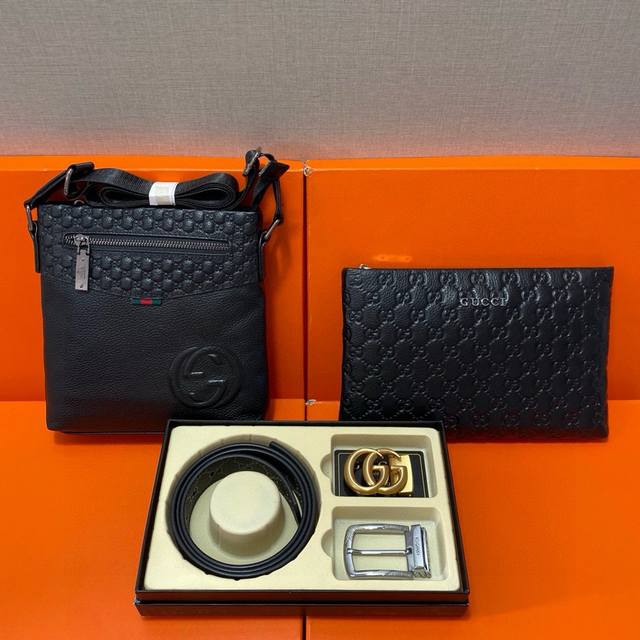 Gucci First Layer Leather Combination Gift Box Packaging Belt Two Bags Super Com