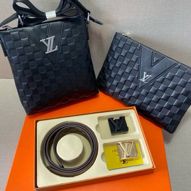 First Layer Leather Combination Gift Box Packaging Lv Louis Vuitton Belt + Two B
