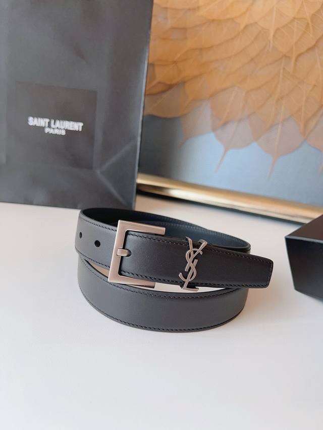 Saint Laurent Women's Belt Italian Imported Plain Calfskin Ysl Original Mold Ret