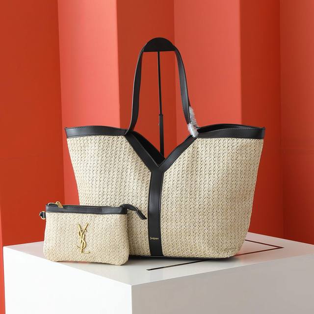 size 50 31 11 Ysl Yves Saint Laurent Straw Tote Bag Large Straw With Leather