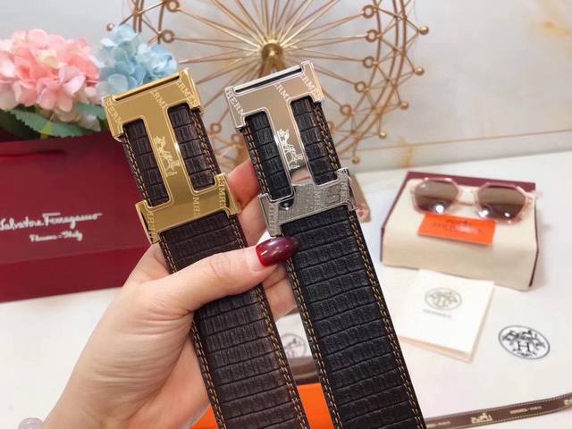 Hermes 3.8 Cm Double-Sided Original Leather Car Double Yellow Line Small Crocodi