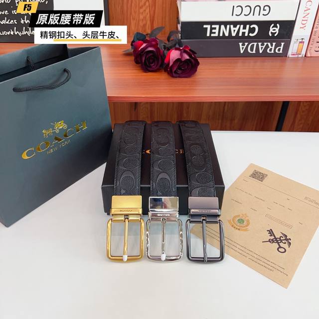 Original Quality Perforated Brand Coach C Men's Color Black Buckle Gold And Silv