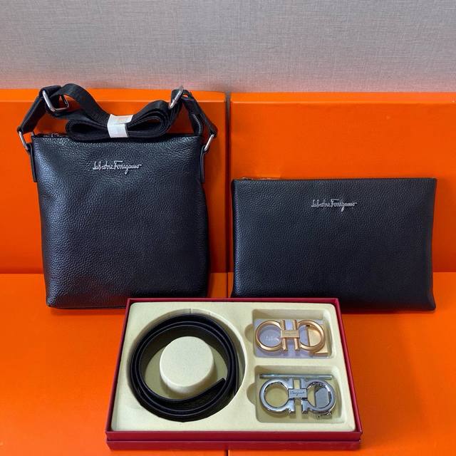 Ferragamo First-Layer Leather Combination Gift Box Packaging Belt Two Bags Super