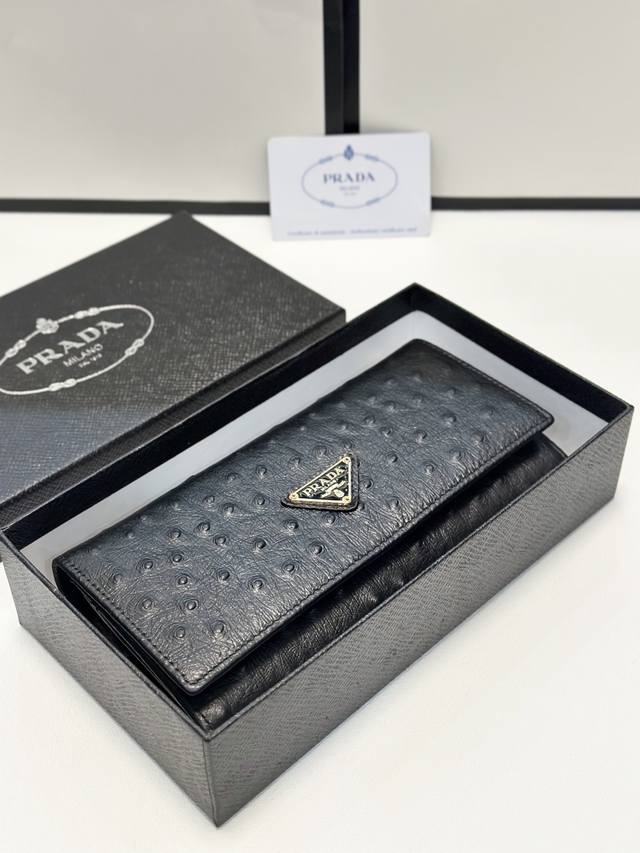 Color Black Size 19X10 Prada Popular Cowhide Bi-Fold Wallet Ostrich Pattern Cowh