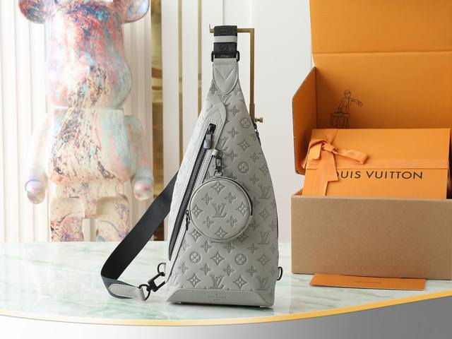 Top Original Single Home Real Shot M14916 Grey Full Leather Embossed Chest Bag D