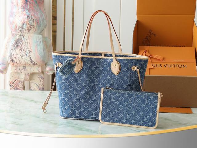 Top Original Single Home Shot M13192 Blue Denim Shopping Bag Neverfull Mm Tote B